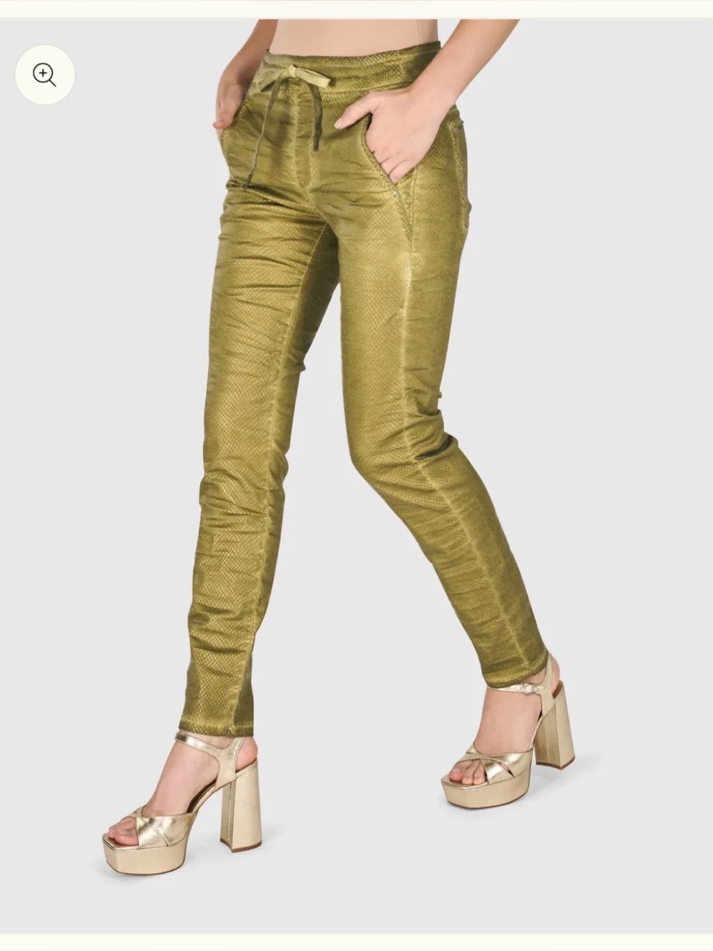 Alembika Iconic Stretch Jeans Green Metallic Snakeskin Straight Leg Size 14/16